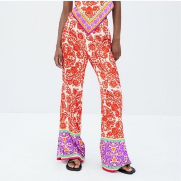 NEW Zara Satin Effect pyjama style Wide Leg Side Slit Pants in Orange, Sz S - Picture 6 of 16